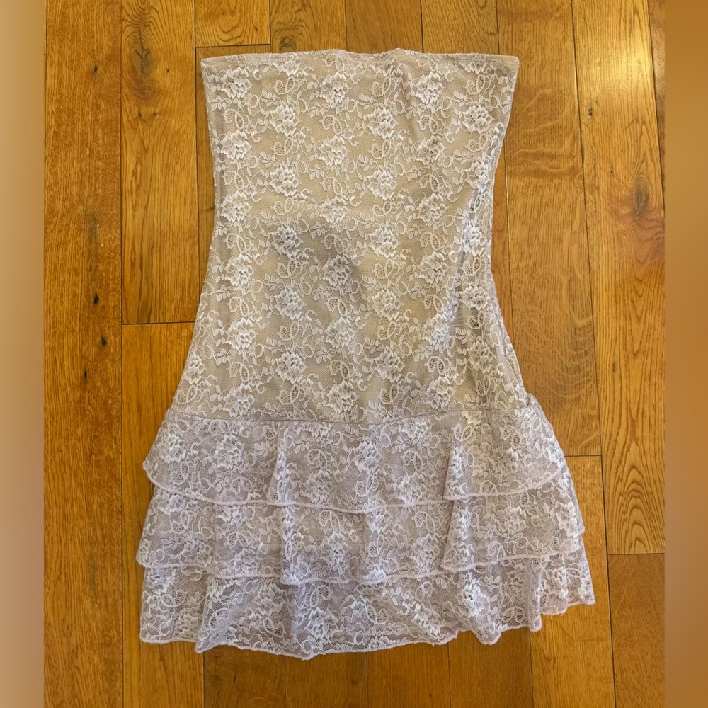 Edikted Strapless Lace Tiered Mini Dress in Ivory